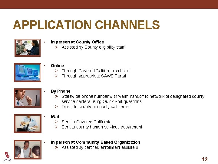 APPLICATION CHANNELS • In person at County Office Ø Assisted by County eligibility staff