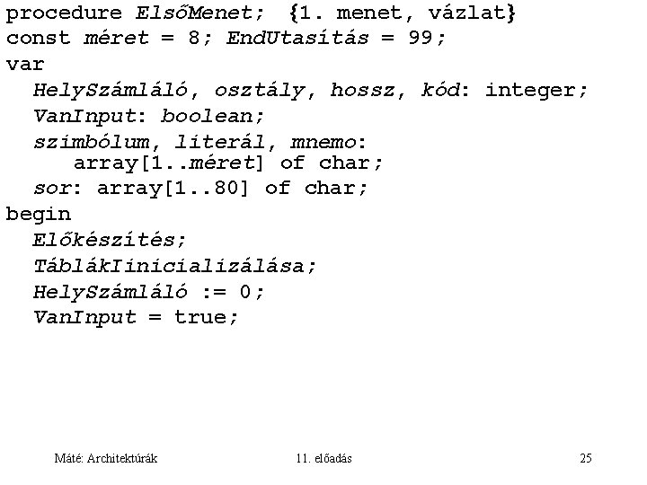 procedure ElsőMenet; 1. menet, vázlat const méret = 8; End. Utasítás = 99; var