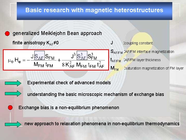 Basic research with magnetic heterostructures generalized Meiklejohn Bean approach finite anisotropy KAF≠ 0 J