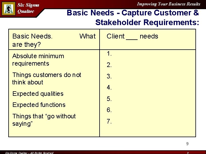 Six Sigma Qualtec Improving Your Business Results Basic Needs - Capture Customer & Stakeholder