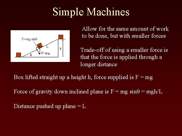 Simple Machines Allow for the same amount of work to be done, but with