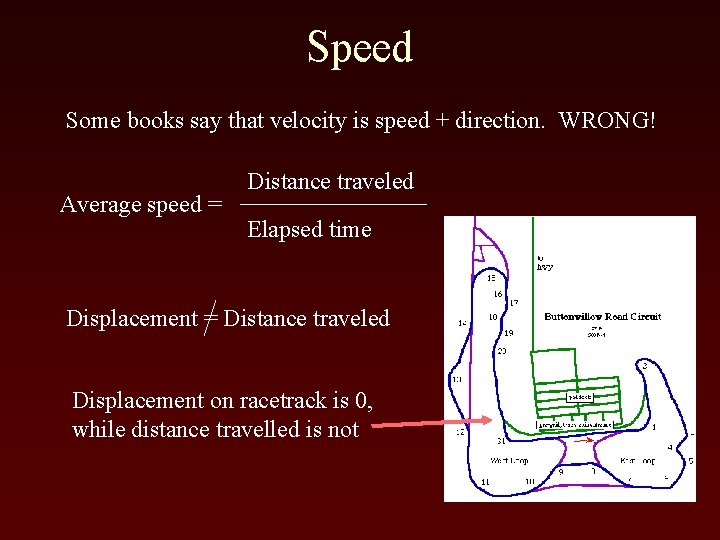 Speed Some books say that velocity is speed + direction. WRONG! Average speed =