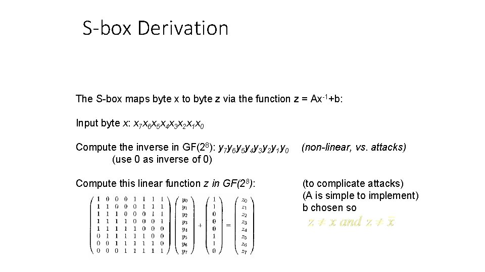 S-box Derivation The S-box maps byte x to byte z via the function z S-box Derivation The S-box maps byte x to byte z via the function z
