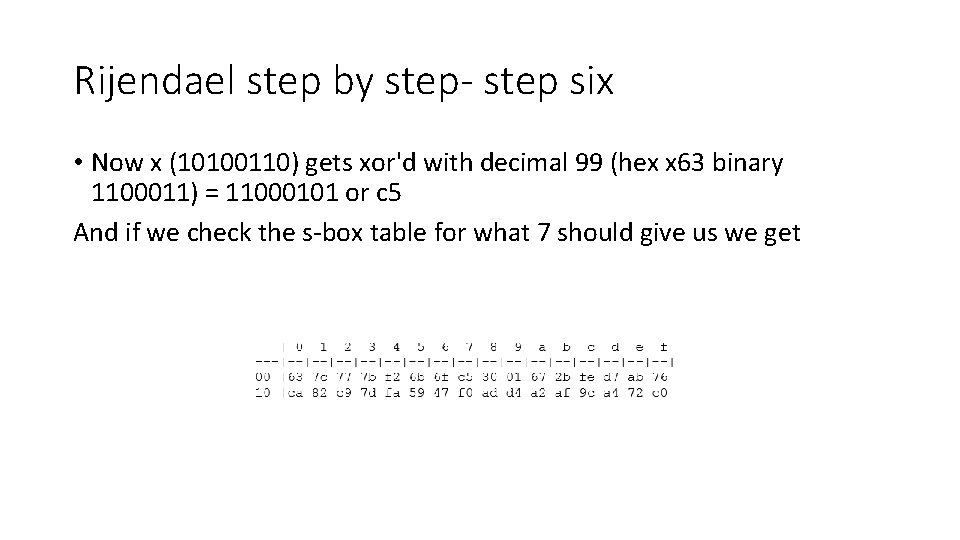 Rijendael step by step- step six • Now x (10100110) gets xor'd with decimal Rijendael step by step- step six • Now x (10100110) gets xor'd with decimal