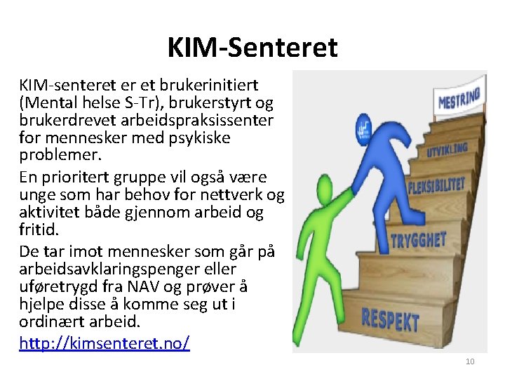 KIM-Senteret KIM-senteret er et brukerinitiert (Mental helse S-Tr), brukerstyrt og brukerdrevet arbeidspraksissenter for mennesker