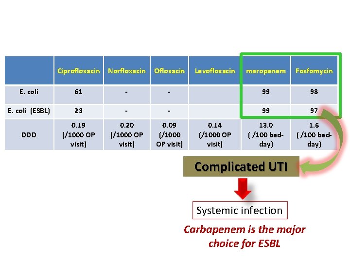 Ciprofloxacin Norfloxacin Ofloxacin E. coli 61 - E. coli (ESBL) 23 DDD 0. 19