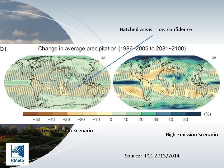 Hatched areas = low confidence Low Emission Scenario High Emission Scenario Source: IPCC 2013/2014