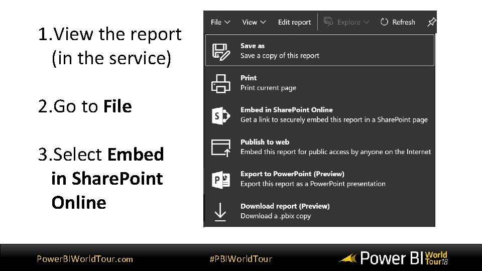 1. View the report (in the service) 2. Go to File 3. Select Embed