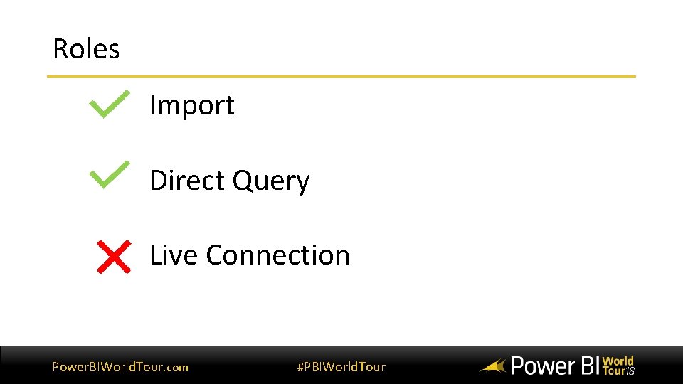 Roles Import Direct Query Live Connection Power. BIWorld. Tour. com #PBIWorld. Tour 