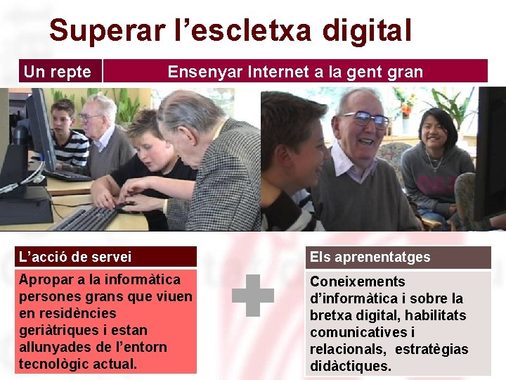 Superar l’escletxa digital Un repte Ensenyar Internet a la gent gran L’acció de servei