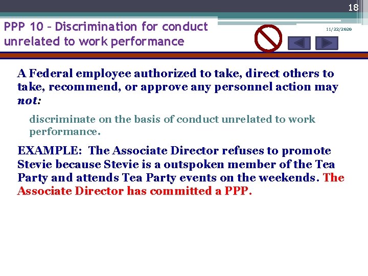 18 PPP 10 – Discrimination for conduct unrelated to work performance 11/22/2020 A Federal