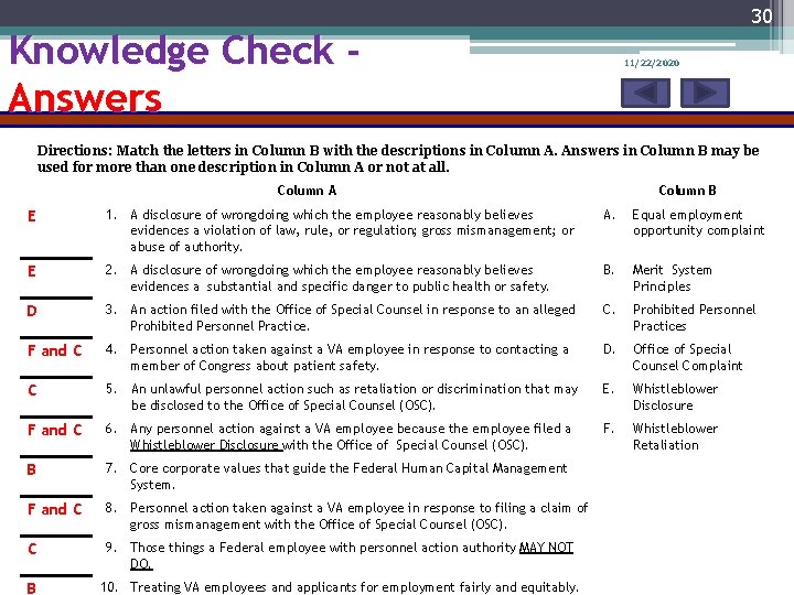 30 Knowledge Check Answers 11/22/2020 Directions: Match the letters in Column B with the