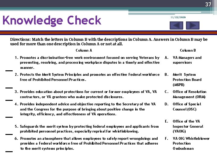 37 Knowledge Check 11/22/2020 Directions: Match the letters in Column B with the descriptions
