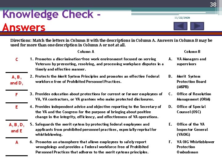 38 Knowledge Check Answers 11/22/2020 Directions: Match the letters in Column B with the