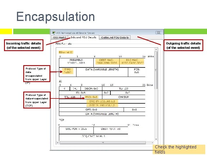 Encapsulation Incoming traffic details (of the selected event) Outgoing traffic details (of the selected