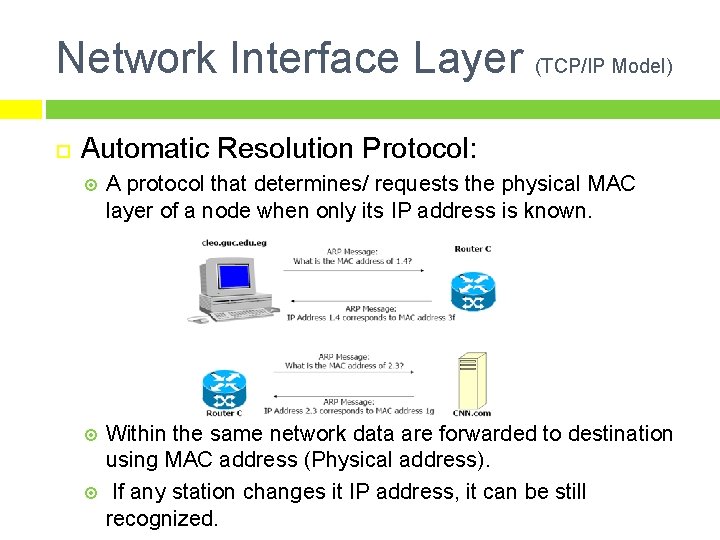 Network Interface Layer (TCP/IP Model) Automatic Resolution Protocol: A protocol that determines/ requests the Network Interface Layer (TCP/IP Model) Automatic Resolution Protocol: A protocol that determines/ requests the