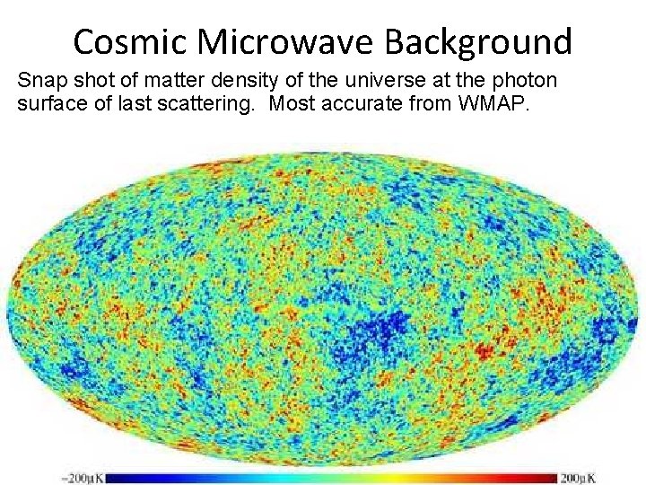 Cosmic Microwave Background Snap shot of matter density of the universe at the photon