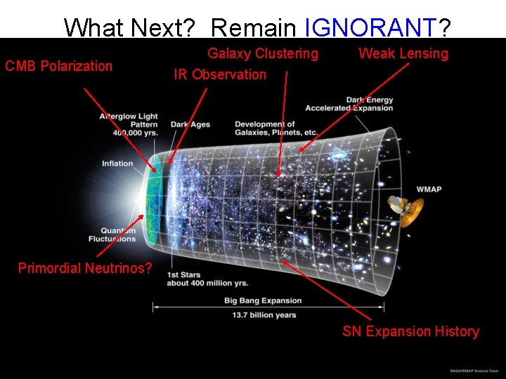 What Next? Remain IGNORANT? CMB Polarization Galaxy Clustering IR Observation Weak Lensing Primordial Neutrinos?