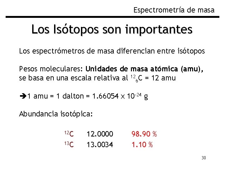 Espectrometría de masa Los Isótopos son importantes Los espectrómetros de masa diferencian entre isótopos