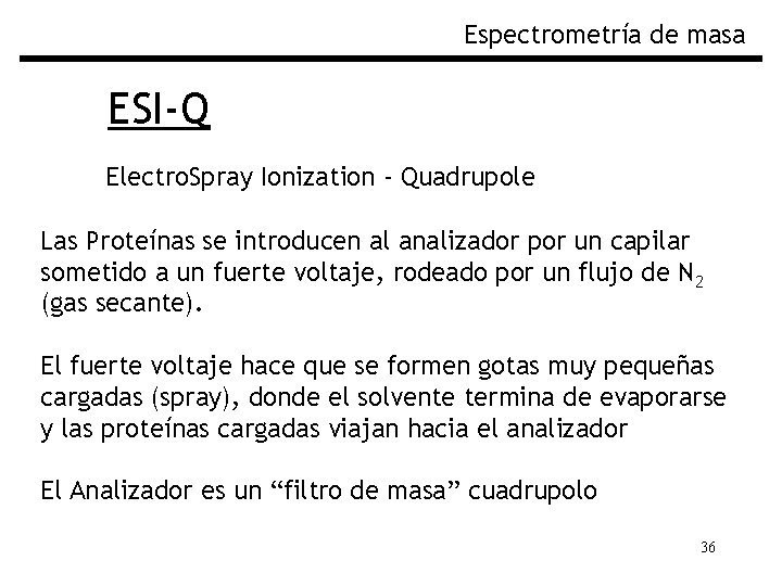 Espectrometría de masa ESI-Q Electro. Spray Ionization - Quadrupole Las Proteínas se introducen al