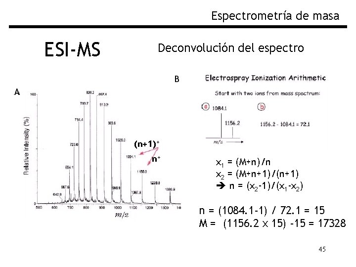 Espectrometría de masa ESI-MS Deconvolución del espectro (n+1)+ n+ x 1 = (M+n)/n x