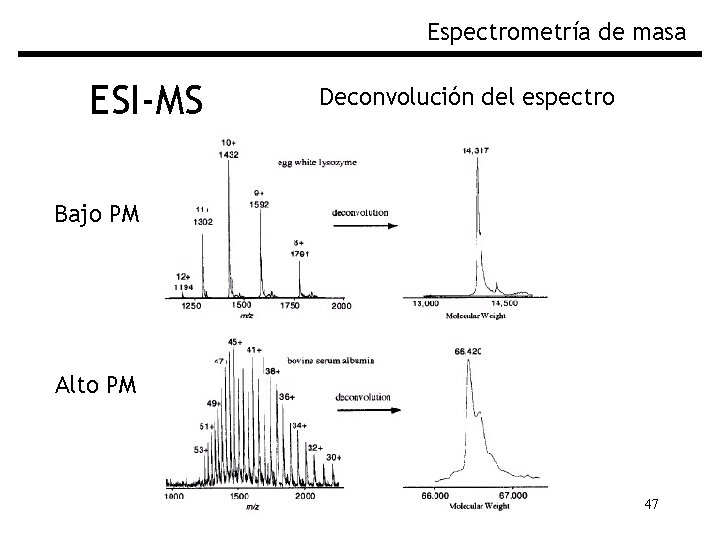 Espectrometría de masa ESI-MS Deconvolución del espectro Bajo PM Alto PM 47 