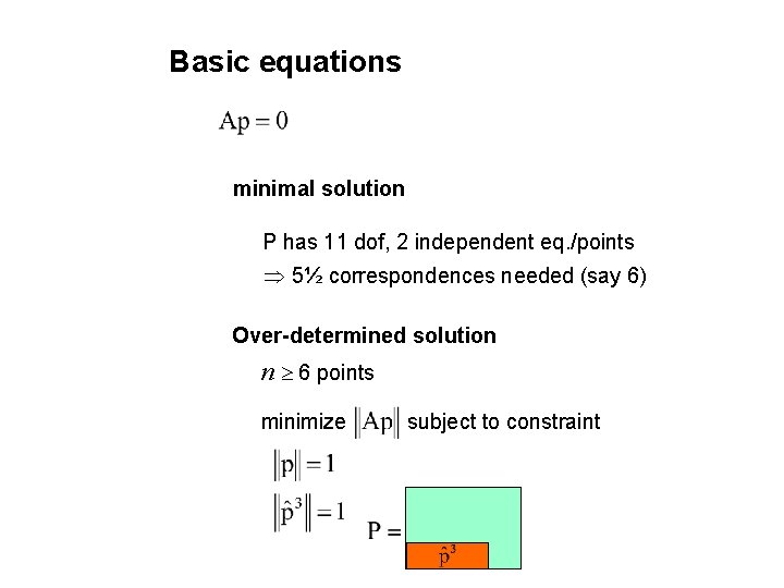 Basic equations minimal solution P has 11 dof, 2 independent eq. /points 5½ correspondences