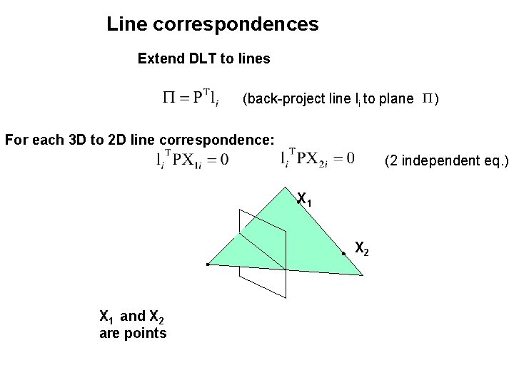 Line correspondences Extend DLT to lines (back-project line li to plane ) For each