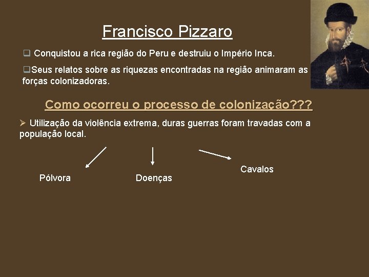 Francisco Pizzaro q Conquistou a rica região do Peru e destruiu o Império Inca.