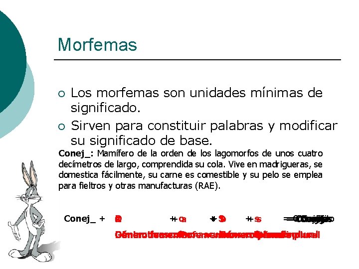 Morfemas ¡ ¡ Los morfemas son unidades mínimas de significado. Sirven para constituir palabras