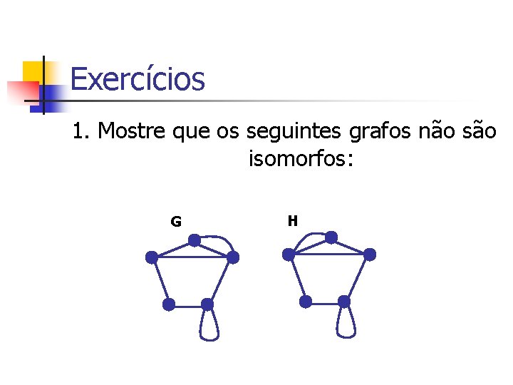 Exercícios 1. Mostre que os seguintes grafos não são isomorfos: G H 