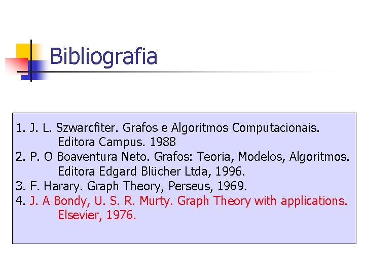 Bibliografia 1. J. L. Szwarcfiter. Grafos e Algoritmos Computacionais. Editora Campus. 1988 2. P.