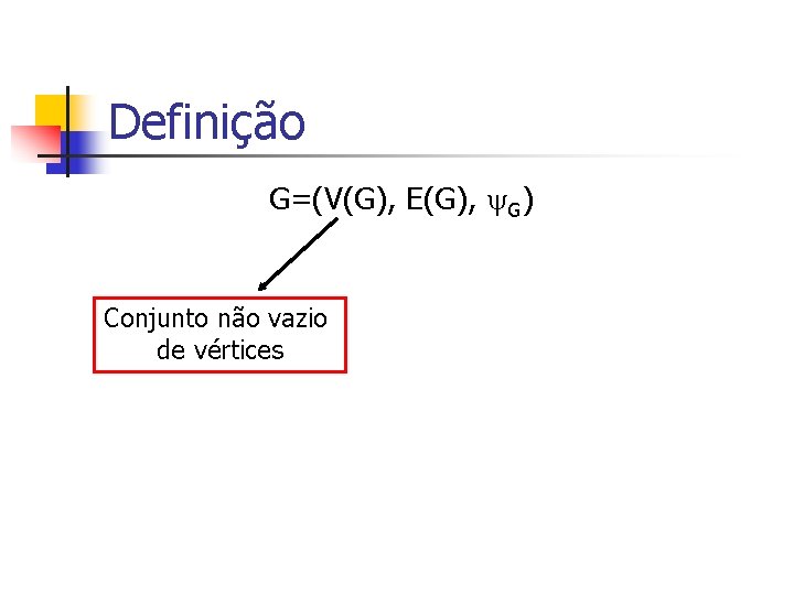 Definição G=(V(G), E(G), G) Conjunto não vazio de vértices 