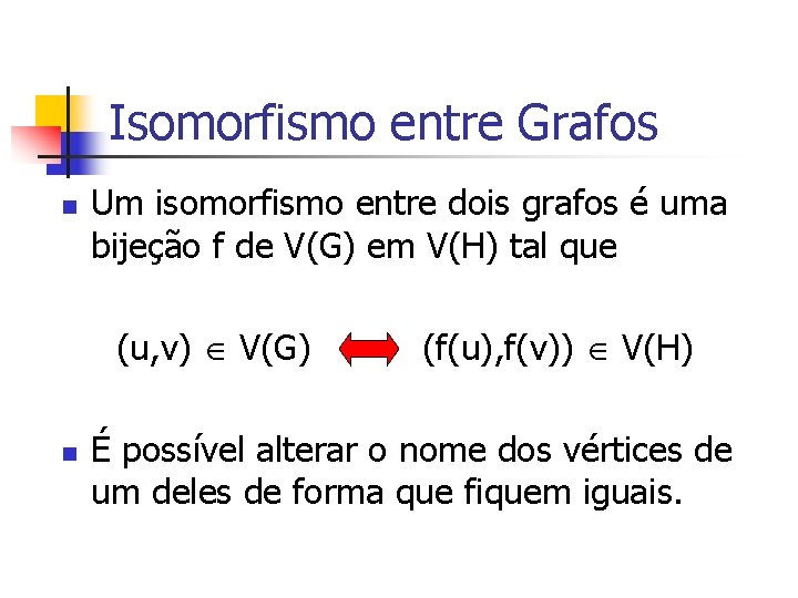 Isomorfismo entre Grafos n Um isomorfismo entre dois grafos é uma bijeção f de