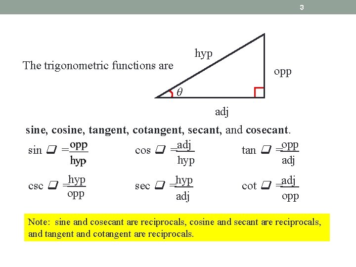 3 hyp The trigonometric functions are opp θ adj sine, cosine, tangent, cotangent, secant,