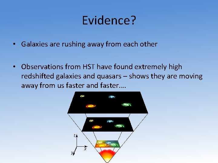 Evidence? • Galaxies are rushing away from each other • Observations from HST have