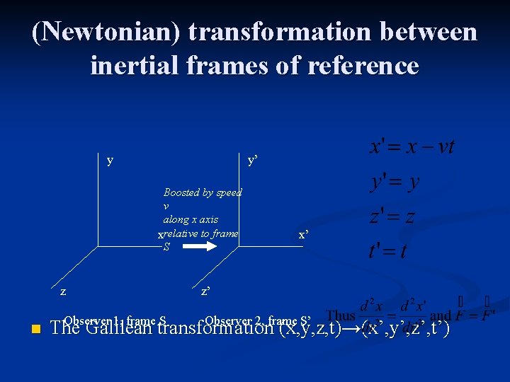 (Newtonian) transformation between inertial frames of reference y y’ Boosted by speed v along