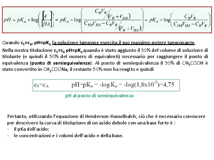 Quando c. S=c. A, p. H=p. Ka, la soluzione tampone esercita il suo massimo