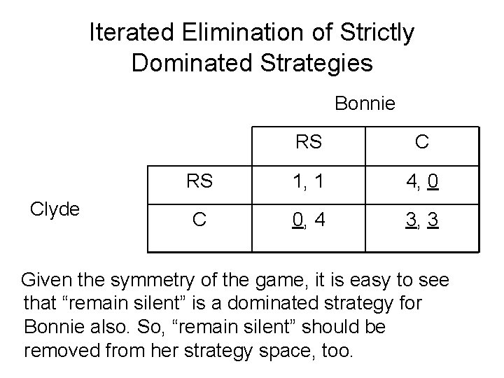 Iterated Elimination of Strictly Dominated Strategies Bonnie Clyde RS C RS 1, 1 4,