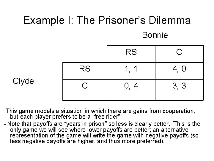 Example I: The Prisoner’s Dilemma Bonnie Clyde - This RS C RS 1, 1