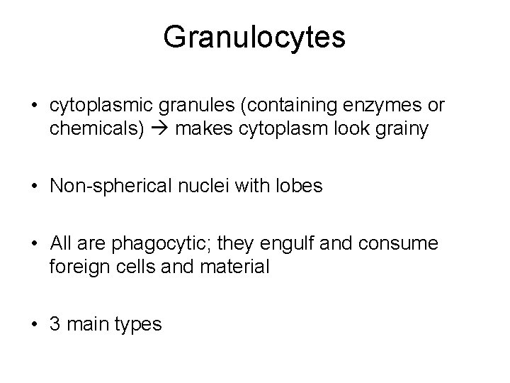 Granulocytes • cytoplasmic granules (containing enzymes or chemicals) makes cytoplasm look grainy • Non-spherical