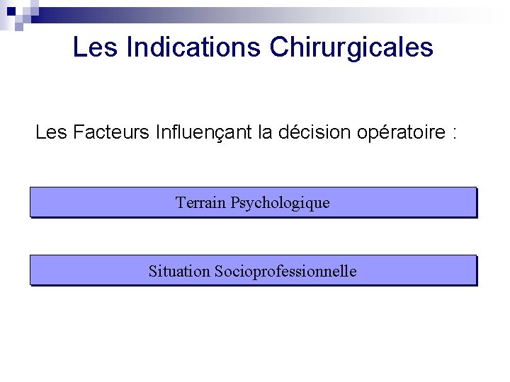 Les Indications Chirurgicales Les Facteurs Influençant la décision opératoire : Terrain Psychologique Situation Socioprofessionnelle