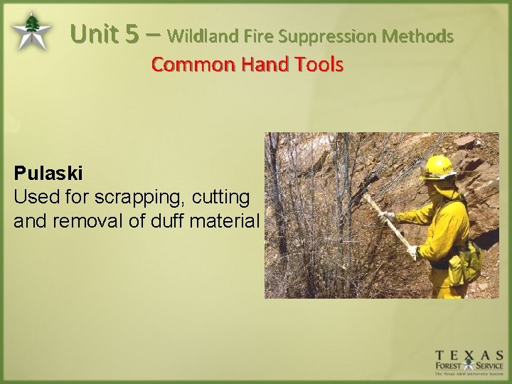 Unit 5 – Wildland Fire Suppression Methods Common Hand Tools Pulaski Used for scrapping,