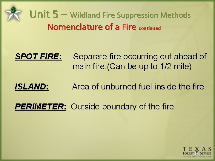 Unit 5 – Wildland Fire Suppression Methods Nomenclature of a Fire continued SPOT FIRE: