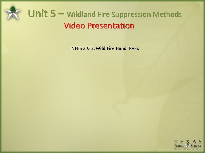 Unit 5 – Wildland Fire Suppression Methods Video Presentation NFES 2036: Wild Fire Hand