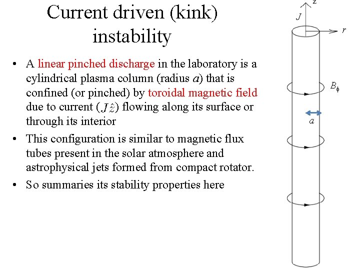 Current driven (kink) instability • A linear pinched discharge in the laboratory is a