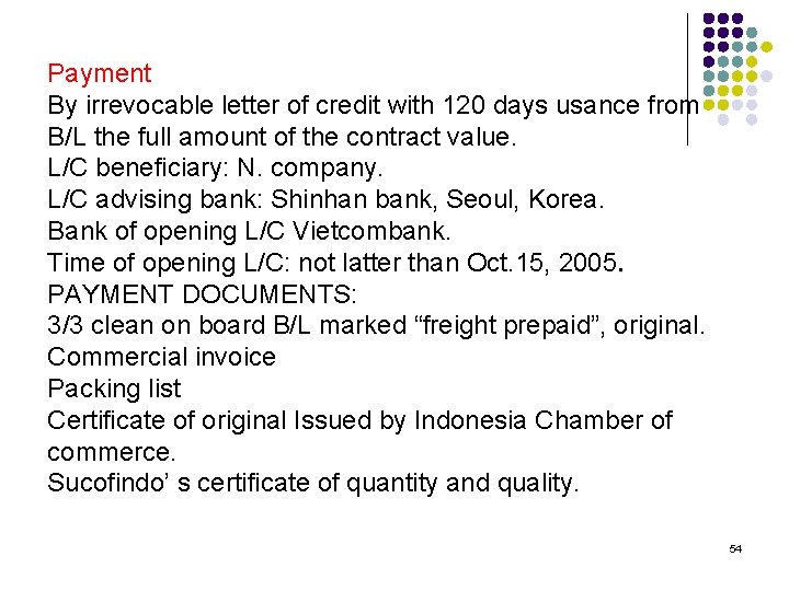 Payment By irrevocable letter of credit with 120 days usance from B/L the full