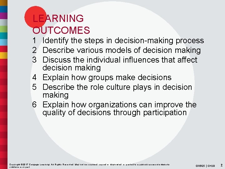 LEARNING OUTCOMES 1 Identify the steps in decision-making process 2 Describe various models of