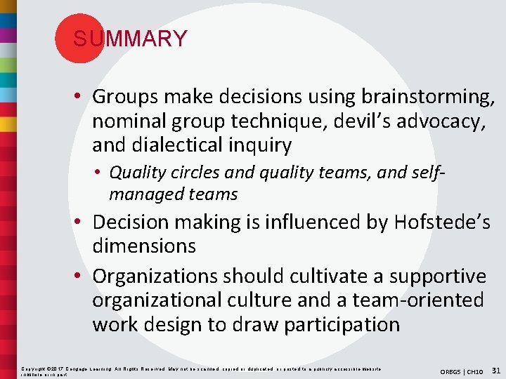 SUMMARY • Groups make decisions using brainstorming, nominal group technique, devil’s advocacy, and dialectical