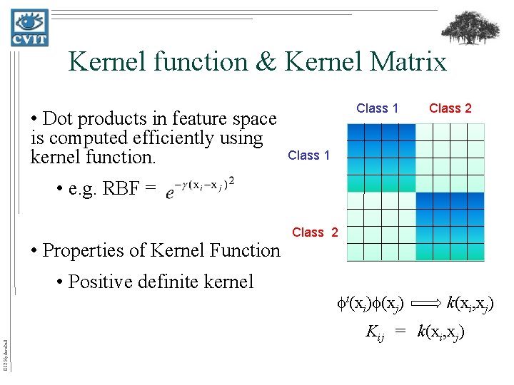 Kernel function & Kernel Matrix • Dot products in feature space is computed efficiently